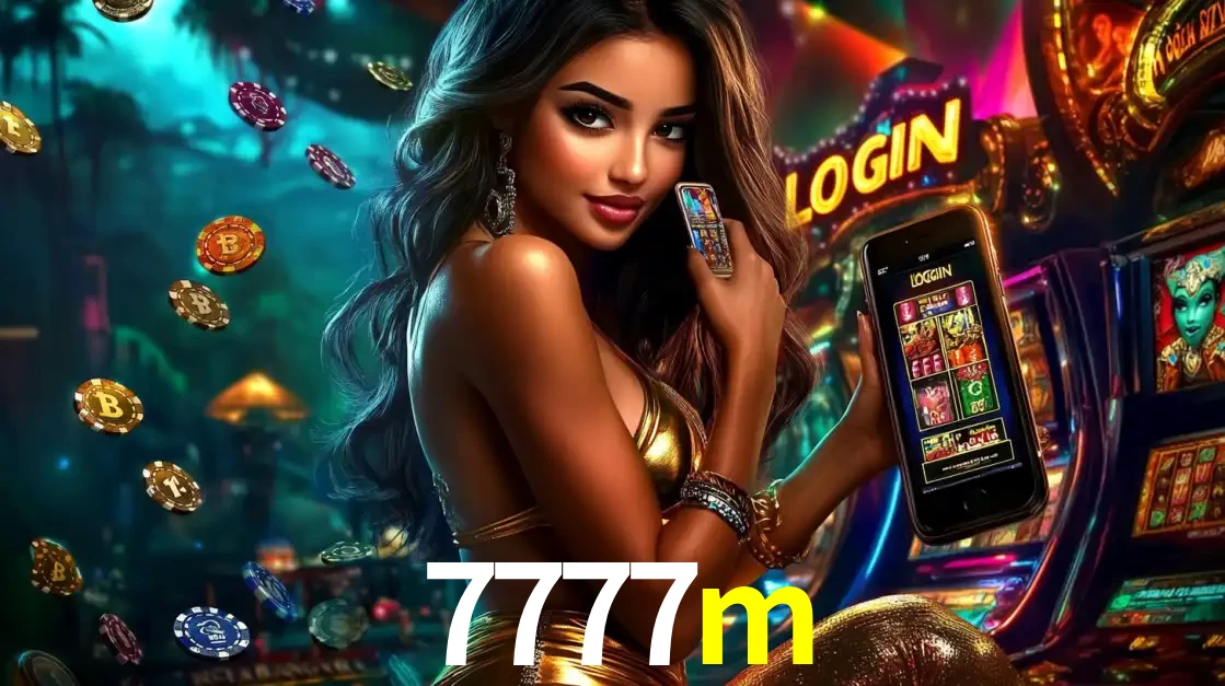 Mulher em um cenário de cassino temático de aventura, mostrando o app de caça-níqueis da 7777m no celular. Fichas de apostas flutuam ao redor.