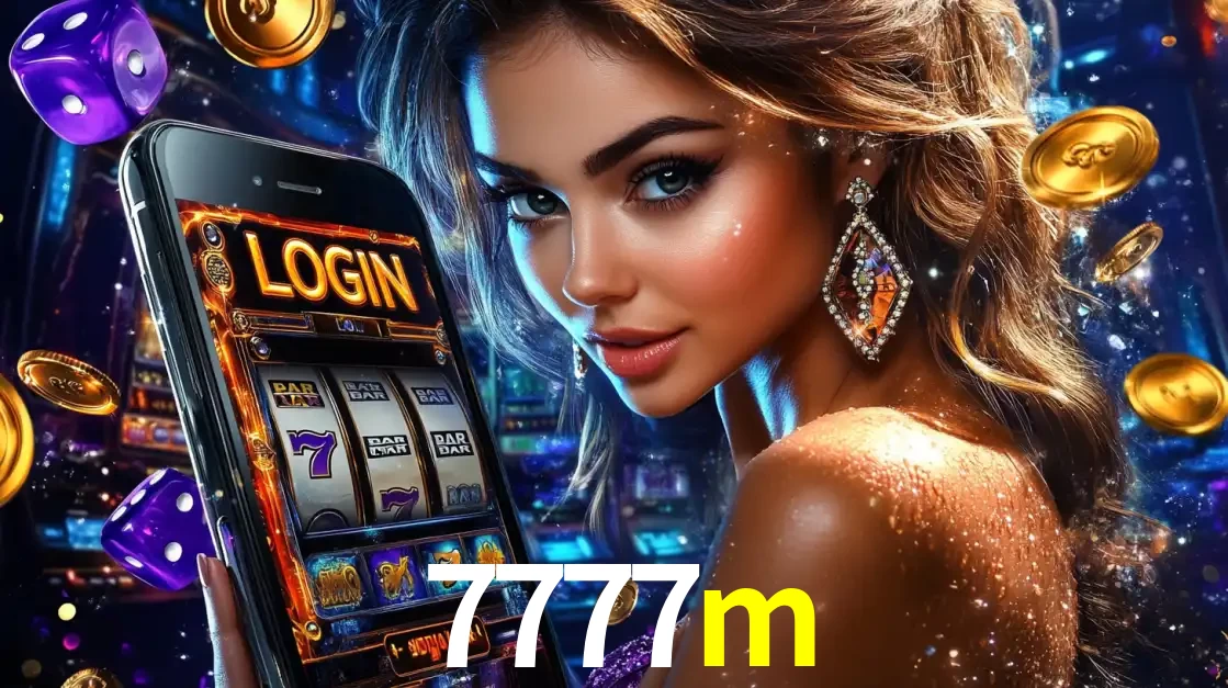 Mulher glamorosa segurando um smartphone com a tela de login para os jogos de caça-níqueis do cassino online 7777m, com moedas de ouro e dados ao redor.